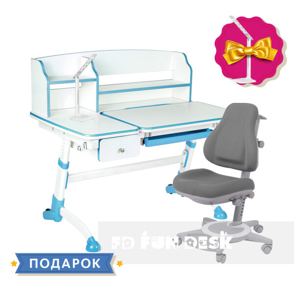 

Комплект парта-трансформер FunDesk Amare II Blue с выдвижным ящиком + универсальное кресло FunDesk Bravo Grey