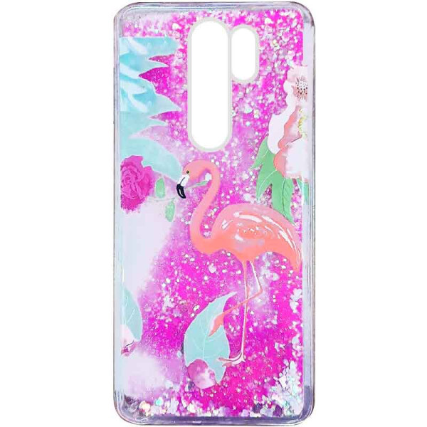 

TPU чехол с переливающимися блестками для Xiaomi Redmi 9 Фламинго в цветах (157313)
