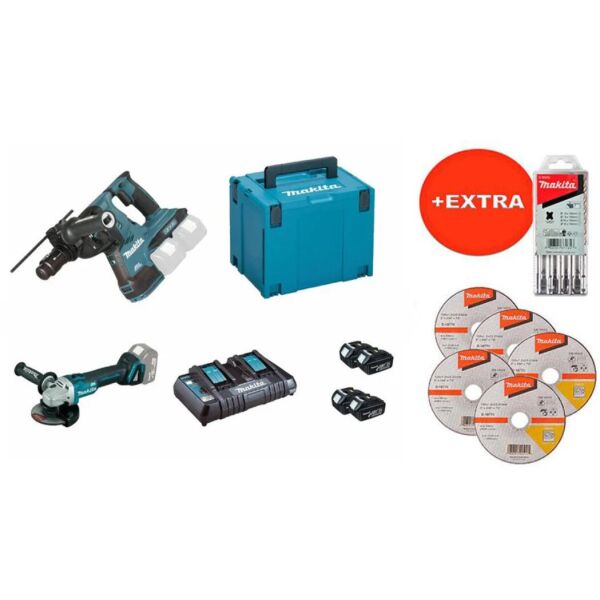 

Набор инструментов Makita DLXMUA281 + 3 акб 18 V 5 Ah +двухпортовое з/у + MakPac 4 + 5 дисков + 5 буров