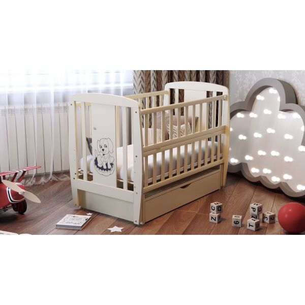 Кровать детская Дубик-М Пёсик на шарнирах с подшипником + откидная боковина с ящиком слоновая кость