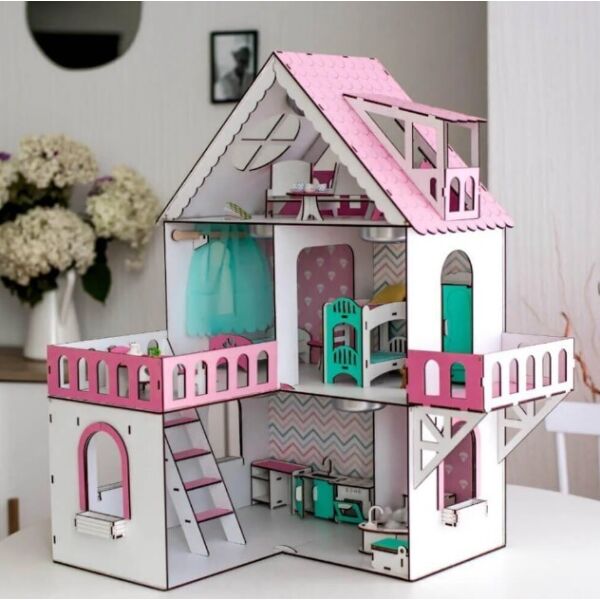 Акція на Ляльковий будиночок Rimos "МІНІ КОТЕДЖ З БАЛКОНОМ" для ляльок LOL (ЛОЛ), 5 кімнат (поверх 20см), без меблів, рожевий (ZKD002_2) від Allo UA