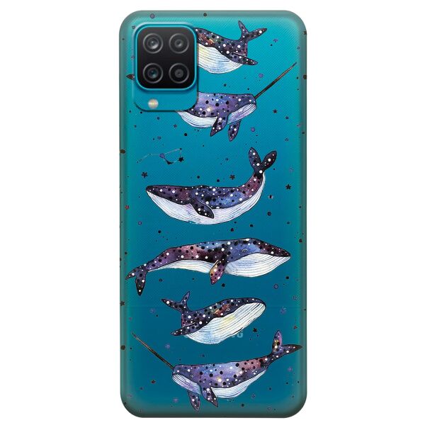 

Прозрачный силиконовый чехол iSwag для Samsung Galaxy A12 с рисунком - Киты Единороги (KS9119)