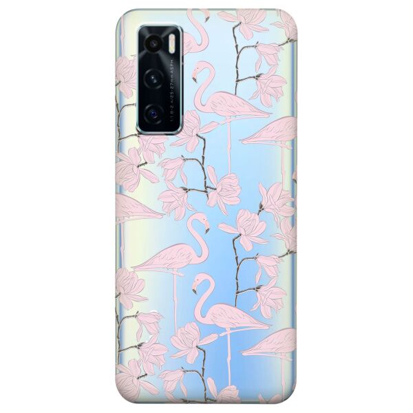 

Прозрачный силиконовый чехол iSwag для Vivo V20 SE с рисунком - Розовые фламинго (KS8414)