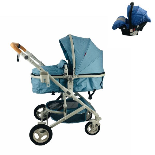 

Коляска 3в1 Belecoo 530D Голубая с Сумкой для мамы Черной и Бампером для кормления