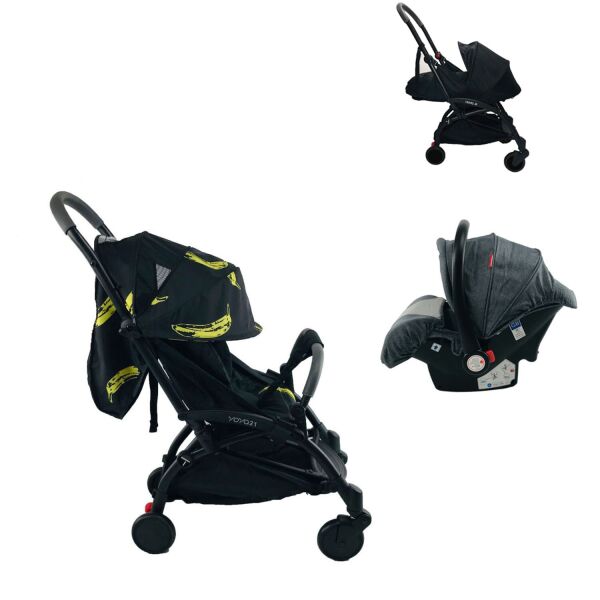 

Коляска 3в1 Yoya 175 А+ 2021 Черно-желтая Бананы на черной раме с Автокреслом Серым и Блоком для новорожденного