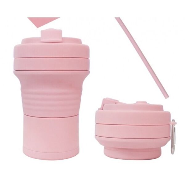 

Складная кружка 550 мл, eco cup с карабином и трубочкой, розовая