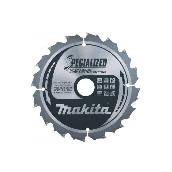 

Пильный диск Makita по древесине с гвоздями SPECIALIZED 185х30 мм 16 зубьев (B-09341)