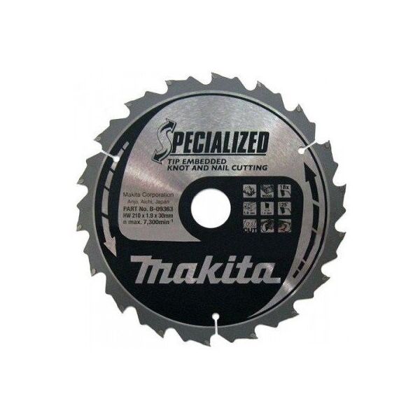 

Пильный диск Makita по древесине с гвоздями 210 мм 18 зубьев (B-09363)