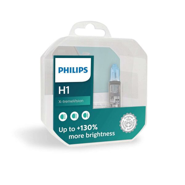 

Автолампа PHILIPS 12258XVS2+E2 H1 55W 12V P14,5s X-treme Vision +130%