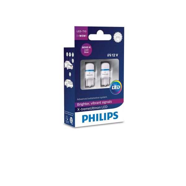 

Автолампа диоды PHILIPS 12799LED X-Treme Vision T10 1LED 12V W2,1X9,5d 1W 8000K SET 2pcs.