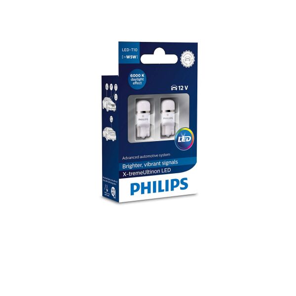 

Автолампа диоды PHILIPS 12799LED X-Treme Vision T10 1LED 12V W2,1X9,5d 1W 6000K SET 2pcs.
