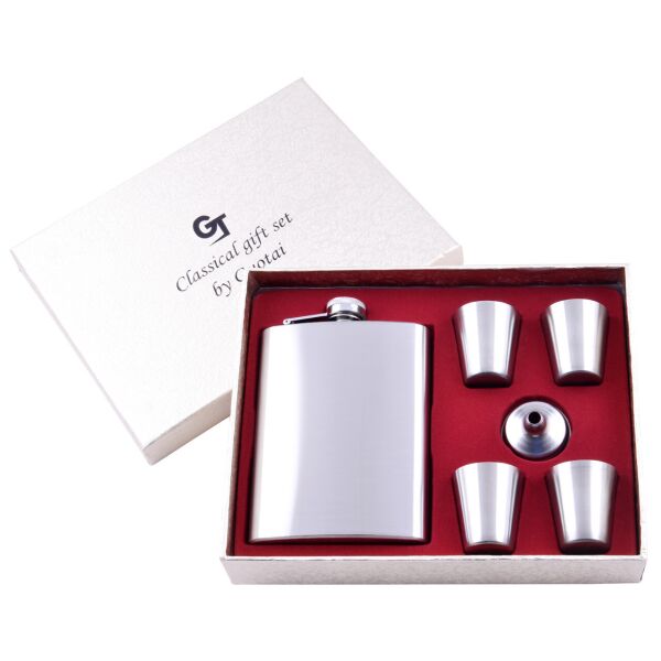 

Фляга 236 мл Silver Box и 4 стопки, Нержавеющая Сталь, Кожа, Набор