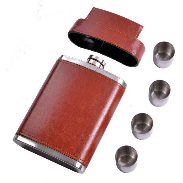 

Фляга 300 мл Brown Leather и 4 рюмки, Нержавеющая сталь