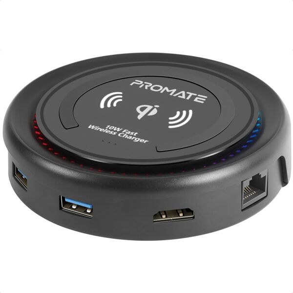 

Док-станция 6-в-1 Promate CenterHub USB-C PD/10W Wireless Charger/HDMI/2xUSB 3.0/USB-C 3.1/RJ45 Black (centerhub.black)