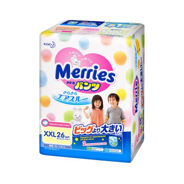 

Трусики-подгузники для детей Merries XXL 15-28 кг 26 шт