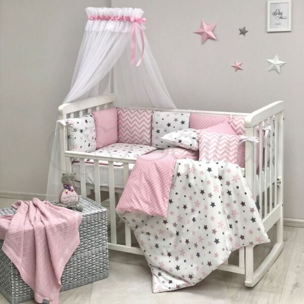 

Постельный комплект в детскую кроватку с балдахином (7 пр.) Baby Design Stars розовый