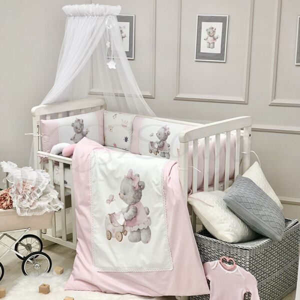

Постельный комплект в детскую кроватку без балдахина (6 пр.) Kids Toys Мишка розовый