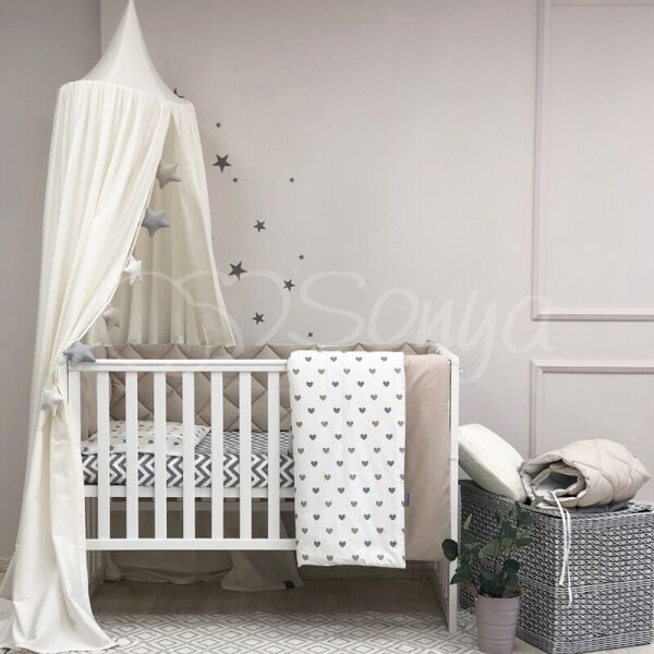 

Постельный комплект в детскую кроватку с балдахином (7 пр.) Baby Mix Серо-бежевые сердца
