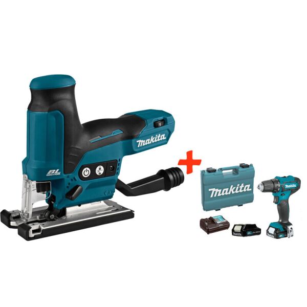 

Аккумуляторный лобзик Makita JV102DZ + акк шуруповерт DF333DWYE + 2 акб 12 V 1.5 Ah + з/у + кейс (JV102SET)