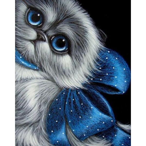 Алмазная мозаика - Котенок с синим бантом 30x40 см