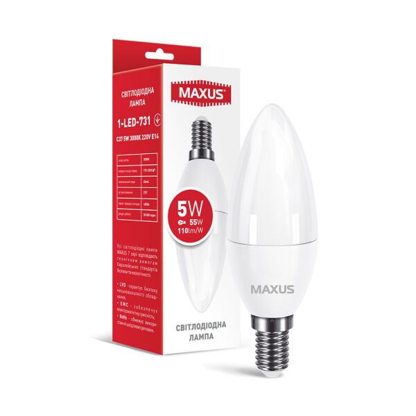 

Лампа светодиодная MAXUS 1-LED-731 C37 5W 3000K 220V E14