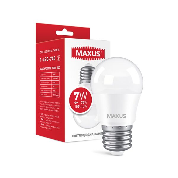 

Лампа светодиодная MAXUS 1-LED-745 G45 7W 3000K 220V E27