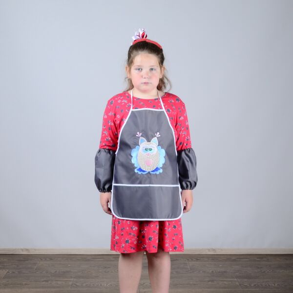

Фартук с нарукавниками детский - для трудов, рисования, кухни, с вышивкой - сова 3, цвет - серый