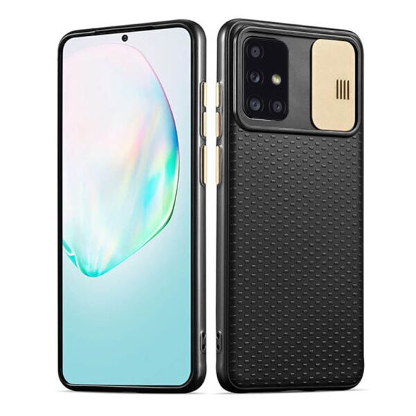 Силиконовый чехол Camshield Black со шторкой защищающей камеру для Samsung Galaxy A71 (Черный / Золотой)