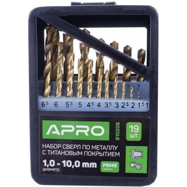 

Набор сверл по металлу Apro - 19 шт. (1-10 мм) титан