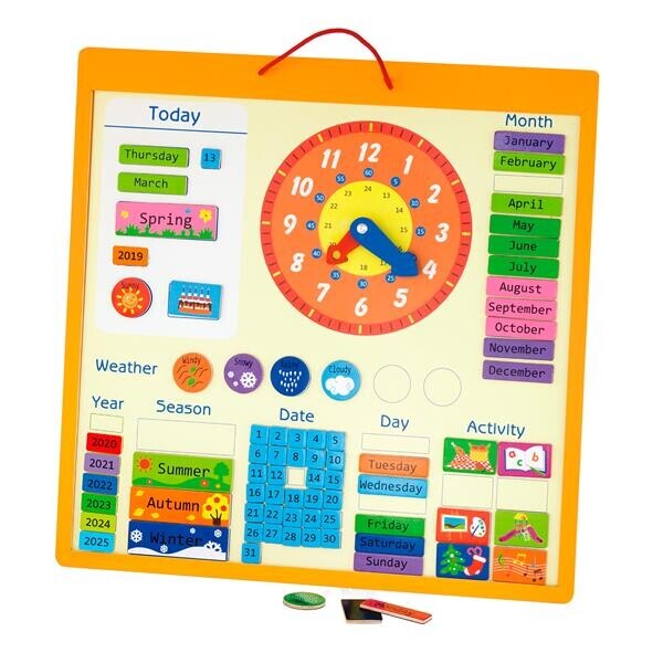 

Магнитный календарь Viga Toys с часами, на английском языке (50377)