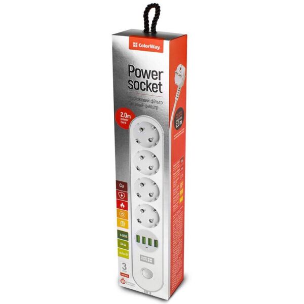 

Сетевой фильтр питания ColorWay CW-CHE44W, 4 розетки/4USB White 2M (CW-CHE44W)