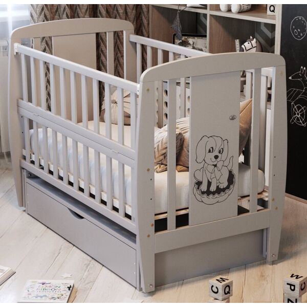 

Кровать Babyroom Собачка маятник, ящик, откидной бок бук серый