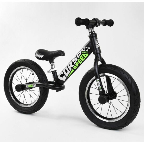 

Детский беговел с надувными колесами, алюминиевыми дисками, стальным рулем CORSO 15322, Зеленый 14