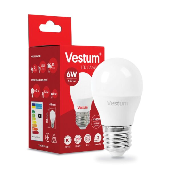 

Светодиодная лампа Vestum LED G45 6W 4100K 220V E27