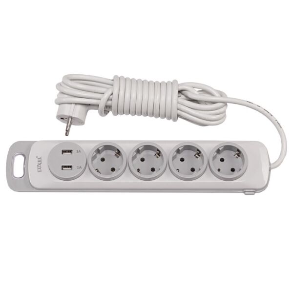 

Сетевой удлинитель Luxel Nota 4 розетки 3М с заземлением и выключателем +2 USB гнезда(4353)