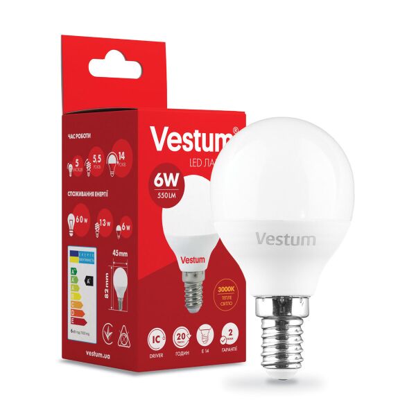 

Светодиодная лампа Vestum LED G45 6W 3000K 220V E14