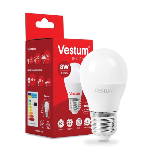 

Светодиодная лампа Vestum G45 8W 4100K 220V E27