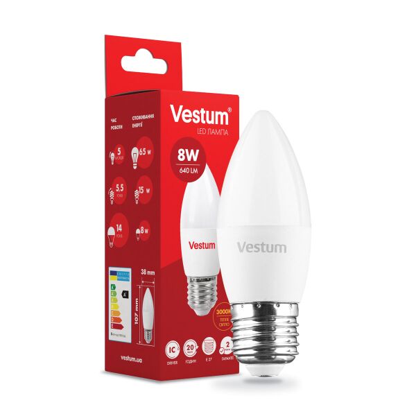 

Светодиодная лампа LED C37 8W 3000K 220V E27 ТМ Vestum