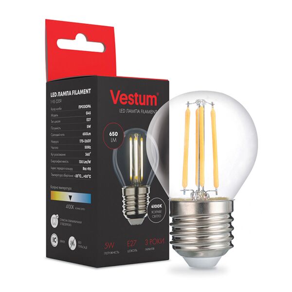 

Лампа LED Vestum филамент G45 Е27 5Вт 220V 3000К
