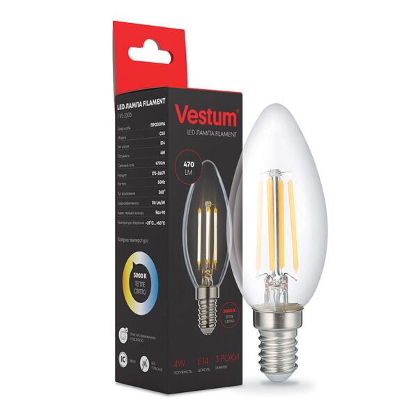 

Лампа LED Vestum филамент С35 Е14 4Вт 220V 3000К