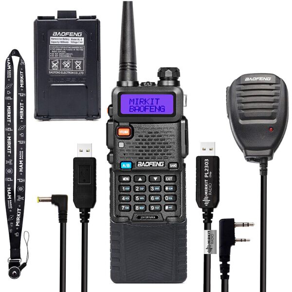 

Рация Baofeng UV-5R MK4, UHF/VHF, 8 Вт, 3800 мАч + Гарнитура + Кабель для зарядки + Кабель Mirkit для программирования + Ремешок на шею Mirkit черный