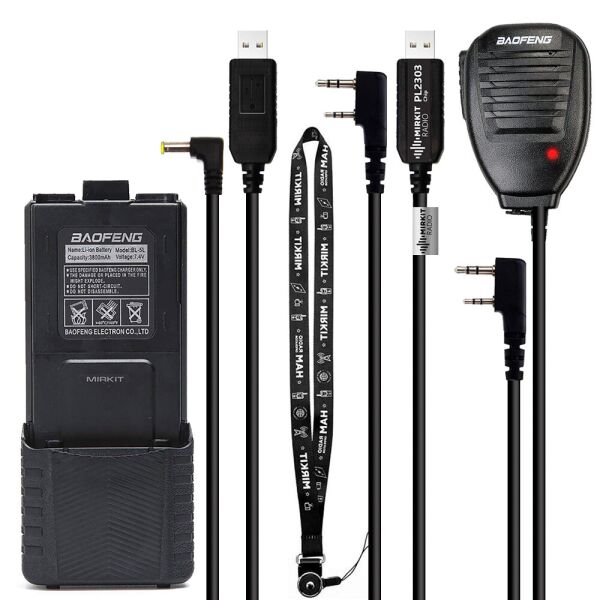 

Аккумулятор для Baofeng UV-5R 3800 mAh (BL-5L) + Тангента Baofeng Speaker Mic + Кабель для зарядки + Кабель Mirkit для программирования + Ремшок на шею Mirkit