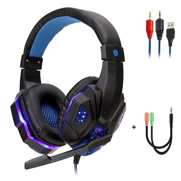 

Игровые стерео наушники 7.1 Surround проводная геймерская гарнитура с микрофоном для ПК компьютера PS4 Xbox телефона с LED подсветкой Plextone PC780 Blue + 2in1 адаптер