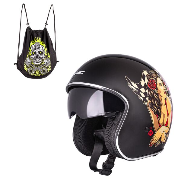 

Мотоциклетный шлем с козырьком W-TEC V537 Black Heart chopper - XS (53-54)/черный блеск-hot rod angel
