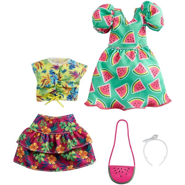 

Одежда для кукол Барби Barbie Fashions 2 Pack Clothing Set, Include Watermelon-Print Dress, Floral Skirt, Tropical Tank GRC85