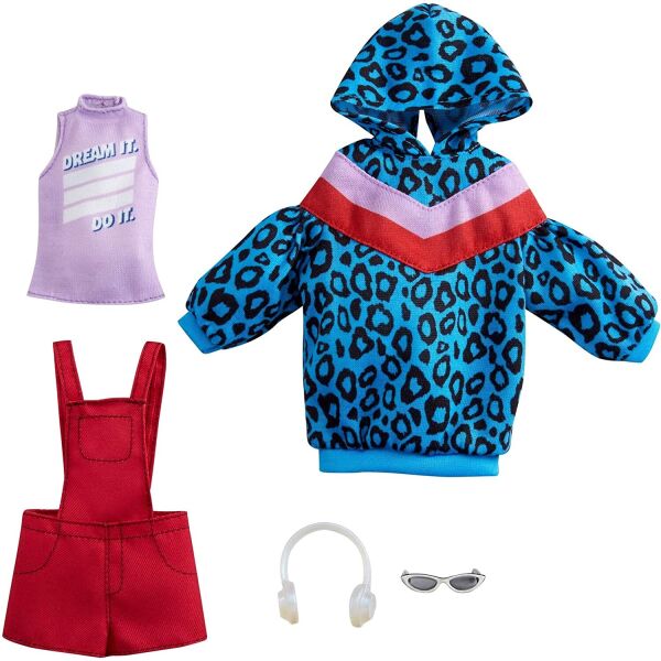 

Одежда для кукол Барби Barbie Fashions 2 Pack Clothing Set, Include Animal-Print Hoodie Dress, Graphic Top, Red Overalls GRC86
