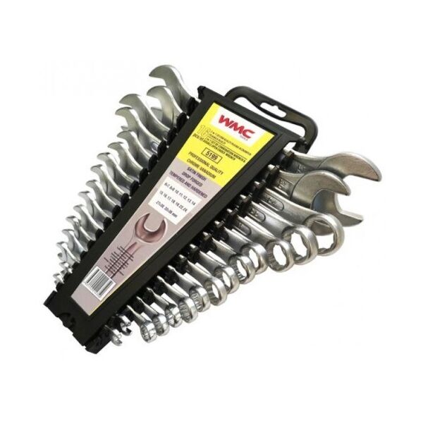 

Набор ключей комбинированных и рожковых,16 предметов(6х7,8х9,10,11,12,13,14,15,16,17,18,19,22,24,27х30,32х36мм),в пластиковом держателе WMC TOOLS 5199