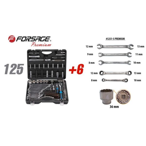 

Набор инструментов 125+6 предметов 1/4 1/2(6-гран.)(4-36мм,36-12гр.)+(ключи трещоточные:8х10,12х13мм; ключи резрезные:8х10,9х11,12х13мм) Forsage F-41251-5 PREMIUM