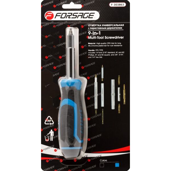 

Отвертка универсальная переставная с комплектом бит, L-210мм (PH1, PH2, SL4.5, SL5.5, S1, S2), в блистере Forsage F-303863