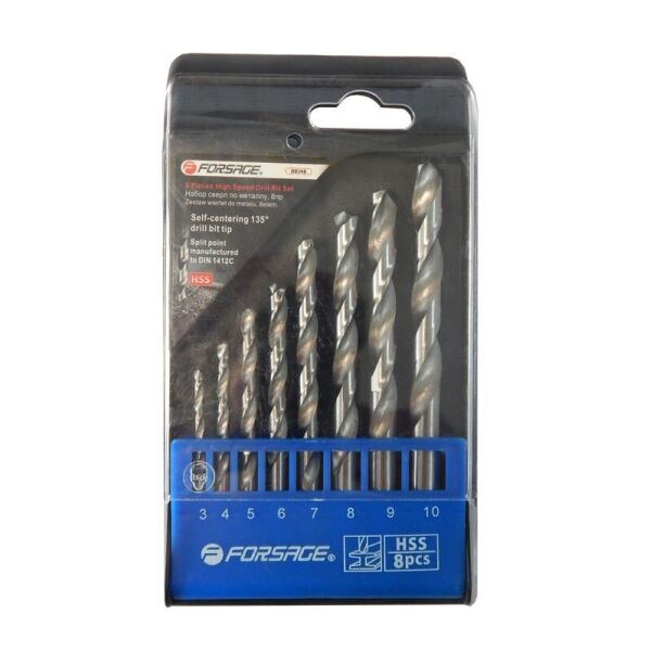 

Набор сверел по металлу HSS 8 предметов(3,4,5,6,7,8,9,10мм), в пластиковом футляре Forsage F-DBS08